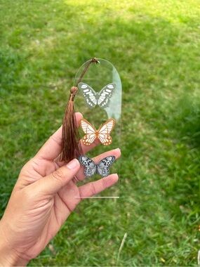 Clear Acrylic Bookmark with Butterfly Accents and Brown Tassel